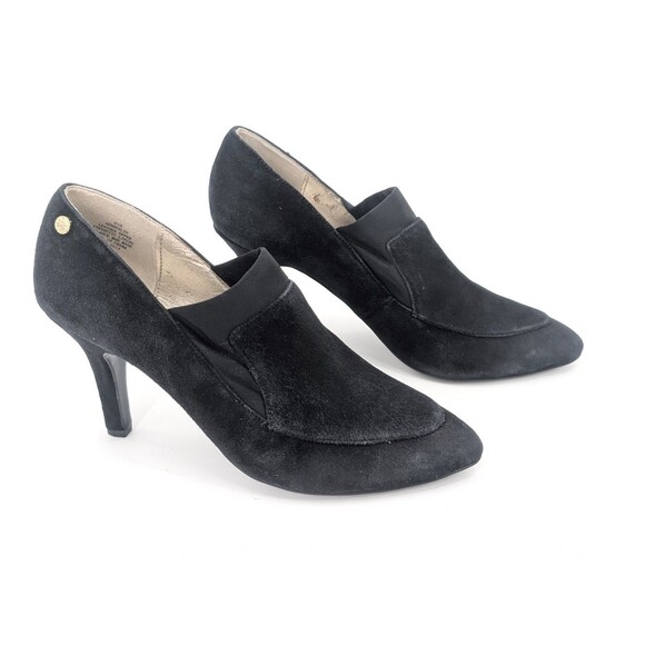 Anne Klein Akbreslin Vtg Black Suede Slip on Booties Heels Pointy Toe Size 8.5 - Picture 1 of 9